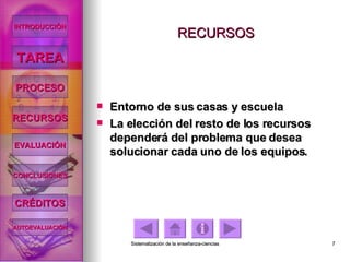 RECURSOS Entorno de sus casas y escuela La elección del resto de los recursos dependerá del problema que desea solucionar cada uno de los equipos. INTRODUCCIÓN TAREA PROCESO RECURSOS EVALUACIÓN CONCLUSIONES CRÉDITOS AUTOEVALUACIÓN 