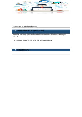 Se evaluara la temática abordada
6. INSTRUMENTO DE EVALUACIÓN
Mediante un dibujo que realice el estudiante identificando sus partes y su
función.
Preguntas de selección múltiple con única respuesta
7. BIBLIOGRAFÍA
 