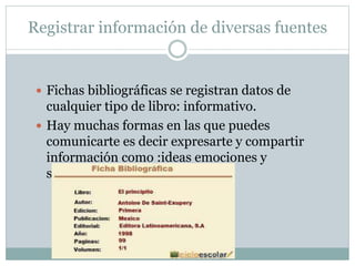 Registrar información de diversas fuentes
 Fichas bibliográficas se registran datos de
cualquier tipo de libro: informativo.
 Hay muchas formas en las que puedes
comunicarte es decir expresarte y compartir
información como :ideas emociones y
sentimientos.
 