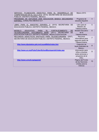 SERVICIO. PLANEACIÓN DIDÁCTICA PARA EL DESARROLLO DE              Básico 2010.
COMPETENCIAS EN EL AULA 2010. (2010). SECRETARIA DE EDUCACION
PUBLICA. DISTRITO FEDERAL, MEXICO.
PROGRAMA DE ESTUDIOS 2006 EDUCACION BASICA SECUNDARIA               Programa de      4
ESPAÑOL. CONALITEG MÉXICO D.F.                                   estudios Español
                                                                          Il.
LIBRO PARA EL MAESTRO ESPAÑOL II. (2010) SECRETARIA DE              Libro para el    5
EDUCACION PUBLICA. DISTRITO FEDERAL, MEXICO.                         Maestro de
                                                                  Telesecundaria.
MODELO    EDUCATIVO      PARA   EL    FORTALECIMIENTO      DE   Modelo Educativo     6
TELESECUNDARIA. DOCUMENTO BASE. (2011). SECRETARIA DE                   de la
EDUCACION PUBLICA. DISTRITO FEDERAL, MEXICO.EDUCACION             Telesecundaria.
RECURSOS DIDACTICOS DIGITALES PARA TELESECUNDARIA. (2007).           Recursos
                                                                 informáticos para   7
SECRETARIA DE EDUCACION PUBLICA. DISTRITO FEDERAL, MEXICO.
                                                                segundo grado de
                                                                  Telesecundaria.
   http://www.diputados.gob.mx/LeyesBiblio/index.htm                Colección de
                                                                leyes federales de   8
                                                                      México..
   http://www.un.org/Pubs/CyberSchoolBus/spanish/index.asp       Información para
                                                                  niños y jóvenes    9
                                                                 sobre acciones y
                                                                  proyectos de la
                                                                        ONU.
   http://www.unicef.org/spanish                                 Página del Fondo
                                                                  de las Naciones    10
                                                                   Unidas para la
                                                                      Infancia
 