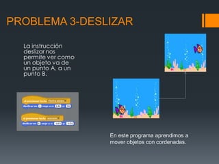 PROBLEMA 3-DESLIZAR
En este programa aprendimos a
mover objetos con cordenadas.
 