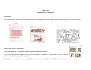 ANEXOS
EJE TEMÁTICO. LA COMUNIDAD
COMUNIDAD
Una comunidad es un conjunto de personas que viven en un mismo lugar bajo ciertas normas y se ayudan unas a otras para obtener lo que necesitan
GRUPOS DENTRO DE LA COMUNIDAD
Hay grupos sociales que trabajan por el progreso y bienestar de nuestra comunidad.
Tenemos los grupos de los comerciantes y de los comerciantes, que se preocupan por la construcción y atención de fábricas,
tiendas, mercados, farmacias y talleres en general.
Hay grupos que se preocupan por la educación y la salud como los maestros, los profesores, los médicos y las enfermeras
 