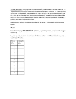 Juegode la escalera: este juegose realizade ados.Cada jugadortendráunmazo de cartas del 2 al
12 yentre losdostendrándosdados.Cadaunodeberáacomodarlascartasdel 2 al 12 enfilayboca
arriba. Cada jugador deberá tirar los dados (por turnos) y calcular la cantidad de puntos que sacó.
Dará vueltael escalón(carta) que tiene el númeroque calculó.Gana el que primeroque de vuelta
toda la escalera. Luego cada estudiante realizará una tirada, registrará lo obtenido en los dados y
dibujará la carta del resultado del cálculo.
Intervenciones:¿Porqué noestáel número1 en laslas cartas? ¿ Cómo sabencuántosumanlos
dados?
MARTES
Recordamosel juegoLA ESCOBA DEL 10: ¿Cómose juega?Dar ejemplos.(si esnecesariose jugará
una mano).
Luegose lesdaráunacopiaparacompletar.Tambiénse realizaráunaficheconloscálculosparaque
queden de referentes.
TENGO
UN…
NECESITO
UN…
1
2
3
4
5
6
7
8
9
 