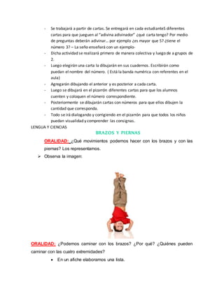 - Se trabajará a partir de cartas. Se entregará en cada estudianteS diferentes
cartas para que jueguen al “adivina adivinador” ¿qué carta tengo? Por medio
de preguntas deberán adivinar… por ejemplo ¿es mayor que 5? ¿tiene el
número 3? – La seño enseñará con un ejemplo-
- Dicha actividad se realizará primero de manera colectiva y luego de a grupos de
2.
- Luego elegirán una carta la dibujarán en sus cuadernos. Escribirán como
puedan el nombre del número. ( Está la banda numérica con referentes en el
aula)
- Agregarán dibujando el anterior y es posterior a cada carta.
- Luego se dibujará en el pizarrón diferentes cartas para que los alumnos
cuenten y coloquen el número correspondiente.
- Posteriormente se dibujarán cartas con números para que ellos dibujen la
cantidad que corresponda.
- Todo se irá dialogando y corrigiendo en el pizarrón para que todos los niños
puedan visualidad y comprender las consignas.
LENGUA Y CIENCIAS
BRAZOS Y PIERNAS
ORALIDAD: ¿Qué movimientos podemos hacer con los brazos y con las
piernas? Los representamos.
 Observa la imagen:
ORALIDAD: ¿Podemos caminar con los brazos? ¿Por qué? ¿Quiénes pueden
caminar con las cuatro extremidades?
 En un afiche elaboramos una lista.
 