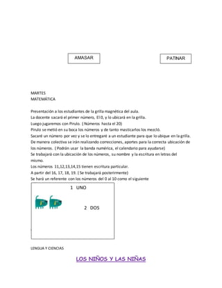 MARTES
MATEMÁTICA
Presentación a los estudiantes de la grilla magnética del aula.
La docente sacará el primer número, El 0, y lo ubicará en la grilla.
Luego jugaremos con Pirulo. ( Números hasta el 20)
Pirulo se metió en su boca los números y de tanto masticarlos los mezcló.
Sacaré un número por vez y se lo entregaré a un estudiante para que lo ubique en la grilla.
De manera colectiva se irán realizando correcciones, aportes para la correcta ubicación de
los números. ( Podrán usar la banda numérica, el calendario para ayudarse)
Se trabajará con la ubicación de los números, su nombre y la escritura en letras del
mismo.
Los números 11,12,13,14,15 tienen escritura particular.
A partir del 16, 17, 18, 19. ( Se trabajará posterirmente)
Se hará un referente con los números del 0 al 10 como el siguiente
Copiarán el referente en sus cuadernos.
LENGUA Y CIENCIAS
LOS NIÑOS Y LAS NIÑAS
1 UNO
2 DOS
PATINAR
AMASAR
 