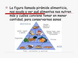 La figura llamada pirámide alimenticia, nos ayuda a ver qué alimentos nos nutren más y cuáles conviene tomar en menor cantidad, para conservarnos sanos    