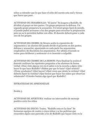 niños a entender que lo que hace el niño del cuento esta mal y tienen
que hacer que pare.


ACTIVIDAD DE DESARROLLO: ‘’El juicio’’ Se juzgara a Rodolfo. Se
dividirá al grupo en tres partes. Un grupo preparara la defensa. Un
segundo grupo preparara la acusación. Un tercer grupo hará de jurado.
el jurado podrá acercarse a los dos grupos para escuchar la preparación
pero no se le permitirá hablar con ellos. El docente deberá guiar a cada
uno de los grupos.


ACTIVIDAD DE CIERRE: Se llevara acabo la exposición de
argumentos ( un alumno del jurado divide el pizarrón en dos partes;
defensa y acusación; apuntando en cada parte los argumentos
empleados). Se discutirán los argumentos. Por ultimo el jurado se
reúne para deliberar y sentenciar si es inocente o culpable.


ACTIVIDAD DE CIERRE DE LA SESION: Para finalizar la sesión el
docente realizara las siguientes preguntas a los alumnos de forma
verbal: ¿Han visto alguna vez en el salón o en la escuela a algún niño
hacer lo que hace Rodolfo? ¿Saben por que lo hace? ¿Qué sentirá?
¿Tiene ayudantes? ¿Qué hacen? ¿Qué creen que siente la victima? ¿Qué
debería hacer la victima? ¿Qué tienen que hacer los niños que observan
solamente? ¿Ustedes harían algo igual que Rodolfo?


ESTRATEGIAS DE APRENDIZAJE


Sesión 3


ACTIVIDAD DE APERTURA: realizar un intercambio de mensaje
positivo entre los niños


ACTIVIDAD DE INICIO: Teatro. ‘’Rodolfo esta en la clase’’ Se
formaran equipos de cuatro o cinco niños y se les pedirían que
recuerden algún caso parecido a los de Rodolfo que hayan visto en la
 