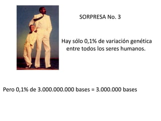 SORPRESA No. 3


                     Hay sólo 0,1% de variación genética
                      entre todos los seres humanos.




Pero 0,1% de 3.000.000.000 bases = 3.000.000 bases
 