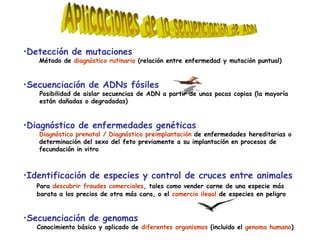 •Detección de mutaciones
   Método de diagnóstico rutinario (relación entre enfermedad y mutación puntual)


•Secuenciación de ADNs fósiles
   Posibilidad de aislar secuencias de ADN a partir de unas pocas copias (la mayoría
   están dañadas o degradadas)


•Diagnóstico de enfermedades genéticas
   Diagnóstico prenatal / Diagnóstico preimplantación de enfermedades hereditarias o
   determinación del sexo del feto previamente a su implantación en procesos de
   fecundación in vitro



•Identificación de especies y control de cruces entre animales
   Para descubrir fraudes comerciales, tales como vender carne de una especie más
   barata a los precios de otra más cara, o el comercio ilegal de especies en peligro


•Secuenciación de genomas
   Conocimiento básico y aplicado de diferentes organismos (incluido el genoma humano)
 