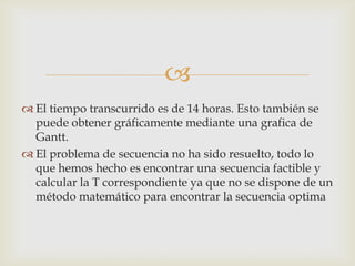 
 El tiempo transcurrido es de 14 horas. Esto también se
  puede obtener gráficamente mediante una grafica de
  Gantt.
 El problema de secuencia no ha sido resuelto, todo lo
  que hemos hecho es encontrar una secuencia factible y
  calcular la T correspondiente ya que no se dispone de un
  método matemático para encontrar la secuencia optima
 