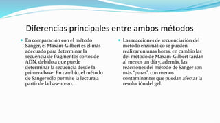 Diferencias principales entre ambos métodos
 En comparación con el método
Sanger, el Maxam-Gilbert es el más
adecuado para determinar la
secuencia de fragmentos cortos de
ADN, debido a que puede
determinar la secuencia desde la
primera base. En cambio, el método
de Sanger sólo permite la lectura a
partir de la base 10-20.
 Las reacciones de secuenciación del
método enzimático se pueden
realizar en unas horas, en cambio las
del método de Maxam-Gilbert tardan
al menos un día y, además, las
reacciones del método de Sanger son
más “puras”, con menos
contaminantes que puedan afectar la
resolución del gel.
 
