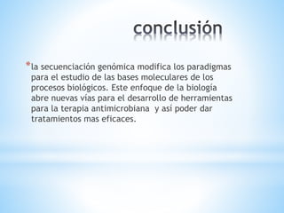*la secuenciación genómica modifica los paradigmas 
para el estudio de las bases moleculares de los 
procesos biológicos. Este enfoque de la biología 
abre nuevas vías para el desarrollo de herramientas 
para la terapia antimicrobiana y así poder dar 
tratamientos mas eficaces. 
