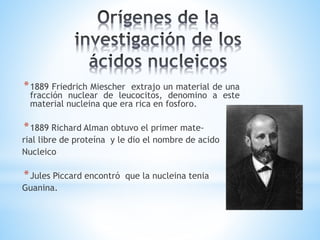 *1889 Friedrich Miescher extrajo un material de una 
fracción nuclear de leucocitos, denomino a este 
material nucleina que era rica en fosforo. 
*1889 Richard Alman obtuvo el primer mate-rial 
libre de proteína y le dio el nombre de acido 
Nucleico 
*Jules Piccard encontró que la nucleina tenia 
Guanina. 
 