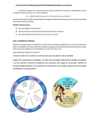 ¿EN QUÉ TEXTOS PODEMOS BUSCAR MÁS INFORMACIÓN SOBRE LAS VACUNAS?
La docente prepara una mesa servida con diversos portadores textuales: enciclopedias, revistas
científicas, diarios, cuentos, etc. y se les pregunta
¿Dónde podemos buscar la información que necesitamos?
Los niñosexploraránlosdiferentesportadoresyelegiránaquellosdondelesparezcaque podemos encontrar
información sobre las plantas.
Posibles intervenciones:
¿Por qué eligieron estos libros?
¿Cómo se dieron cuenta que hay información sobre las vacunas?
¿En qué se diferencias estos libros con los de un cuento?
EN EL CUADERNO DE CIENCIAS:
Copiamos la pregunta guía, escribimos un listado de los portadores elegidos por los niños (se espera que
elijanenciclopediasyrevistascientíficas) ycopiaremosalgunascaracterísticasde estostextos(porej.loque
dicen es real, las imágenes no son dibujadas, sino que son fotos, etc.)
¿Qué aprendimos hoy de las vacunas?
Tomamos nota en el cuaderno de ciencias de lo que nos pareció más importante.
Luego de lo conversado e investigado, en cada mesa de trabajo elaboraremos carteles con dibujos
y se los animará a escribir la importancia de vacunarse para pegar en la escuela, también se
armarán tarjetas giratorias con el calendario de vacunación y de a grupos, pasarán por primer grado
contándoles lo que aprendimos.
 