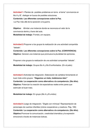 Actividad 1: Planteo de posibles problemas en torno al tema” convivencia en
6to A y B”, dialogar en busca de posibles soluciones.
Contenido: Las diferentes concepciones sobre la Paz.
-La Paz más allá de la oposición a la guerra.


Objetivo: -Brindar una instancia donde se reconozca el valor de la
convivencia dentro y fuera del aula.
Modalidad de trabajo: Frontal y en equipos.




Actividad 2:Proponer a los grupos la realización de una actividad compartida
“debate”.
Contenido: Las diferentes concepciones sobre la Paz. (CONVIVENCIA)
Objetivo: Generar una instancia que promueva la pluralidad de opiniones.


Proponer a los grupos la realización de una actividad compartida “debate”.

Modalidad de trabajo: Grupos 6to A y 6to B enfrentados. (En el patio)




Actividad 3:Actividad de integración. Elaboración de cartelera fomentando el
buen trato entre grupos: “Hagamos un trato, tratémonos bien”
Contenido: La cooperación como alternativa a la competencia. (5to Año).
Objetivo: Potenciar la creación de expectativas reales entre pares que
estimulen el buen trato.


Modalidad de trabajo: En grupo (6to A y B unidos)




Actividad 4:Juego de integración. “Dígalo con mímicas” Representación de
personajes de cuentos infantiles (Libros cooperativos y creativos. Pág. 189)
Contenido: La cooperación como alternativa a la competencia. (5to Año).
Objetivo:Promover la comunicación, creatividad dramática y la expresión
emocional a través de instancias lúdicas.
 