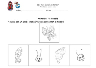 I.E.P “LOS GUADALUPANITOS”
Triunfadores desde su inicio
NIÑO: …………………………………………………………… FECHA: ……………………………………………..
ANALISIS Y SINTESIS
• Marca con un aspa ( ) las partes que conforman el modelo
 