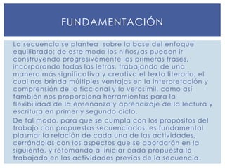 La secuencia se plantea sobre la base del enfoque
equilibrado; de este modo los niños/as pueden ir
construyendo progresivamente las primeras frases,
incorporando todas las letras, trabajando de una
manera más significativa y creativa el texto literario; el
cual nos brinda múltiples ventajas en la interpretación y
comprensión de lo ficcional y lo verosímil, como así
también nos proporciona herramientas para la
flexibilidad de la enseñanza y aprendizaje de la lectura y
escritura en primer y segundo ciclo.
De tal modo, para que se cumpla con los propósitos del
trabajo con propuestas secuenciadas, es fundamental
plasmar la relación de cada una de las actividades,
cerrándolas con los aspectos que se abordarán en la
siguiente, y retomando al iniciar cada propuesta lo
trabajado en las actividades previas de la secuencia.
FUNDAMENTACIÓN
 
