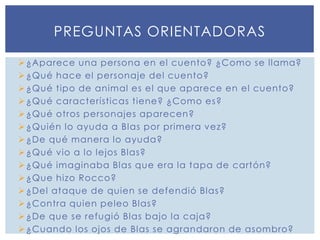PREGUNTAS ORIENTADORAS
¿Aparece una persona en el cuento? ¿Como se llama?
¿Qué hace el personaje del cuento?
¿Qué tipo de animal es el que aparece en el cuento?
¿Qué características tiene? ¿Como es?
¿Qué otros personajes aparecen?
¿Quién lo ayuda a Blas por primera vez?
¿De qué manera lo ayuda?
¿Qué vio a lo lejos Blas?
¿Qué imaginaba Blas que era la tapa de cartón?
¿Que hizo Rocco?
¿Del ataque de quien se defendió Blas?
¿Contra quien peleo Blas?
¿De que se refugió Blas bajo la caja?
¿Cuando los ojos de Blas se agrandaron de asombro?
 