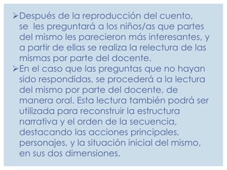 Después de la reproducción del cuento,
se les preguntará a los niños/as que partes
del mismo les parecieron más interesantes, y
a partir de ellas se realiza la relectura de las
mismas por parte del docente.
En el caso que las preguntas que no hayan
sido respondidas, se procederá a la lectura
del mismo por parte del docente, de
manera oral. Esta lectura también podrá ser
utilizada para reconstruir la estructura
narrativa y el orden de la secuencia,
destacando las acciones principales,
personajes, y la situación inicial del mismo,
en sus dos dimensiones.
 