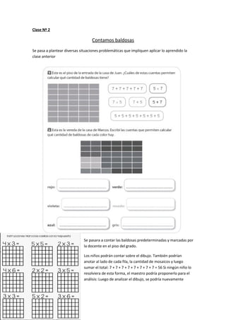 Clase Nº 2
Contamos baldosas
Se pasa a plantear diversas situaciones problemáticas que impliquen aplicar lo aprendido la
clase anterior
Se pasara a contar las baldosas predeterminadas y marcadas por
la docente en el piso del grado.
Los niños podrán contar sobre el dibujo. También podrían
anotar al lado de cada fila, la cantidad de mosaicos y luego
sumar el total: 7 + 7 + 7 + 7 + 7 + 7 + 7 + 7 = 56 Si ningún niño lo
resolviera de esta forma, el maestro podría proponerlo para el
análisis: Luego de analizar el dibujo, se podría nuevamente
 