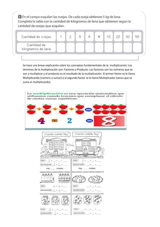 Se hace una breve explicación sobre los conceptos fundamentales de la multiplicación: Los
términos de la multiplicación son: Factores y Producto. Los factores son los números que se
van a multiplicar y el producto es el resultado de la multiplicación. El primer factor se le llama
Multiplicando (número a sumar) y al segundo factor se le llama Multiplicador (veces que se
suma el multiplicando).
 
