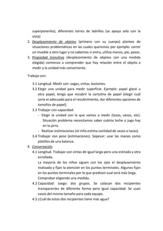 superponerlos), diferentes torres de ladrillos (se apoya solo con la
   vista)
2. Desplazamiento de objetos (primero con su cuerpo) planteo de
   situaciones problemáticas en las cuales queremos por ejemplo: correr
   un mueble a otro lugar y no sabemos si entra, utiliza manos, pie, pasos.
3. Propiedad transitiva (desplazamiento de objetos con una medida
   elegida) comienza a comprender que hay relación entre el objeto a
   medir y la unidad más conveniente.

Trabajo con:

   3.1 Longitud. Medir con: sogas, cintas, bastones.
   3.2 Elegir una unidad para medir superficie. Ejemplo: papel glacé u
       otro papel, tengo que recubrir la cartulina de papel (elegir cuál
       sería el adecuado para el recubrimiento, dar diferentes opciones de
       tamaños de papel).
   3.3 Trabajar con capacidad:
       - Elegir la unidad con la que vamos a medir (tazas, vasos, etc).
          Situación problema necesitamos saber cuánta leche o jugo hay
          en la jarra.
       - Realizar estimaciones (el niño estima cantidad de vasos o tazas).
   3.4 Trabajar con peso (estimaciones). Sopesar: usar las manos como
       platillos de una balanza.
4. Conservación.
   4.1 Longitud. Trabajar con cintas de igual largo pero una estirada y otra
       enrollada.
       La mayoría de los niños siguen con los ojos el desplazamiento
       realizado y fijan la atención en los puntos terminales. Algunos fijan
       en los puntos terminales por lo que predicen cual será más larga.
       Comprobar eligiendo una medida.
   4.2 Capacidad: Juego: dos grupos. Se colocan dos recipientes
       transparentes de diferente forma pero igual capacidad. Se usan
       vasos del mismo tamaño para cada equipo.
   4.3 ¿Cuál de estos dos recipientes tiene más agua?
 