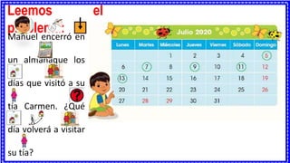Leemos el
problema:
Manuel encerró en
un almanaque los
días que visitó a su
tía Carmen. ¿Qué
día volverá a visitar
su tía?
 