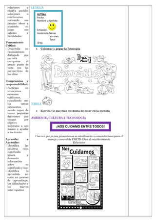 relaciones y
ensaya posibles
soluciones o
conclusiones,
revisando sus
propias ideas y
poniendo en
juego sus
saberes y
habilidades
Pensamiento
Crítico:
- Desarrolla un
razonamiento
dialogado que
permita
enriquecer el
propio punto de
vista con las
perspectivas de
los otros
Compromiso y
responsabilidad:
- Participa en
situaciones
escolares
cotidianas,
cumpliendo con
las tareas
propuestas,
siendo capaz de
tomar pequeñas
decisiones que
tengan por
objetivo
mejorarse a uno
mismo o ayudar
a los demás
Aprender a
Aprender:
- Identifica las
palabras cuyo
significado
ignora y
demanda
información
sobre su
significado y uso
- Identifica lo
aprendido así
como un proceso
de aprendizaje,
las dificultades y
los nuevos
interrogantes
LENGUA
3- Colorear y pegar la fotocopia
TAREA
4- Escribir lo que más me gusta de estar en la escuela
AMBIENTE, CULTURA Y TECNOLOGÍA
Una vez que ya nos presentamos se establecerán recomendaciones para el
manejo y control de COVID-19 en el establecimiento
Educativo
¡NOS CUIDAMO ENTRE TODOS!
RUTINA
Fecha:
Nombre y Apellido:
Emoción:
Asistencia: Nenas
Varones
Total
Área:
 