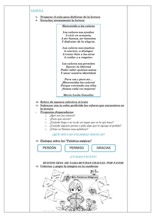 LENGUA
8- Preparar el aula para disfrutar de la lectura
9- Escuchar atentamente la lectura
Bienvenido a los valores
Los valores nos ayudan
A vivir en armonía,
A ser buenos, ser honestos
Y disfrutar de la alegría.
Los valores nos enseñan
A convivir, a dialogar
A tratar bien a los otros
A cuidar y a respetar.
Los valores nos permiten
Ejercer la libertad
Poder saber quiénes somos
Y amar nuestra identidad.
Para vos y para mí…
¡Bienvenidos los valores!
Porque creciendo con ellos
¡Somos cada vez mejores!
María Lorda González
10- Releer de manera colectiva el texto
11- Subrayar con tu color preferido los valores que encuentres en
la lectura
- Preguntas disparadoras:
o ¿Qué son los valores?
o ¿Para qué sirven?
o ¿Cuándo llega o se va de un lugar que es lo que hace?
o ¿Cuándo alguien presta o pide algo que le agrega al pedido?
o ¿Cómo se llaman esas palabras?
¿QUÉ SON LAS PALABRAS MÁGICAS?
12- Dialogar sobre las “Palabras mágicas”
¿CUÁLES FALTAN?
BUENOS DÍAS -DE NADA-MUCHAS GRACIAS- POR FAVOR
13- Colorear y pegar la imagen en tu cuaderno
PERMISO
PERDÓN GRACIAS
 