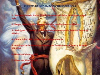 FUENTES DE INFORMACIÓN BIBLIOGRÁFICAS:1.- Herrejón Peredo, Carlos (2009) Versiones del Grito  de Dolores y algo más.2.-Vargas, Rafael (2010)  Memorias de las revoluciones en México.3.- Rodríguez O., Jaime E. (2008) La independencia de la América Española México.4.-Zárate, Julio 1980. La Guerra de Independencia.5.-Antología de la Historia de México, documentos narraciones y lecturas. SEP.1990.6.-Historia-Civismo . 19657.-Libros del Alumno.SEP.