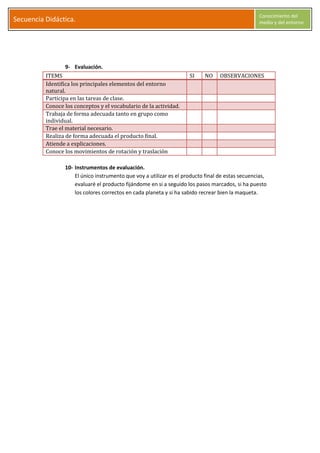 S
Secuencia Didáctica.
Conocimiento del
medio y del entorno
C l a r a G a r c í a M o r a l e s Página 10
9- Evaluación.
ITEMS SI NO OBSERVACIONES
Identifica los principales elementos del entorno
natural.
Participa en las tareas de clase.
Conoce los conceptos y el vocabulario de la actividad.
Trabaja de forma adecuada tanto en grupo como
individual.
Trae el material necesario.
Realiza de forma adecuada el producto final.
Atiende a explicaciones.
Conoce los movimientos de rotación y traslación
10- Instrumentos de evaluación.
El único instrumento que voy a utilizar es el producto final de estas secuencias,
evaluaré el producto fijándome en si a seguido los pasos marcados, si ha puesto
los colores correctos en cada planeta y si ha sabido recrear bien la maqueta.
 