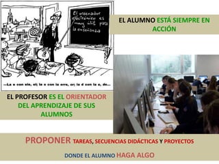 PROPONER TAREAS, SECUENCIAS DIDÁCTICAS Y PROYECTOS
DONDE EL ALUMNO HAGA ALGO
EL ALUMNO ESTÁ SIEMPRE EN
ACCIÓN
EL PROFESOR ES EL ORIENTADOR
DEL APRENDIZAJE DE SUS
ALUMNOS
 