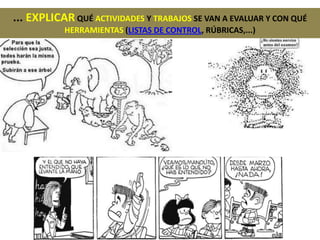 ... EXPLICAR QUÉ ACTIVIDADES Y TRABAJOS SE VAN A EVALUAR Y CON QUÉ
HERRAMIENTAS (LISTAS DE CONTROL, RÚBRICAS,...)
 