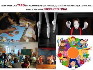PARA HACER UNA TAREA EL ALUMNO TIENE QUE HACER 1, 2, O MÁS ACTIVIDADES QUE LLEVAN A LA
REALIZACIÓN DE UN PRODUCTO FINAL
 