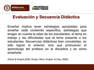 Evaluación y Secuencia Didáctica 
Enseñar implica tener estrategias apropiadas para 
enseñar cada contenido específico, estrategias que 
tengan en cuenta la edad de los estudiantes, el tema en 
trabajo y las dificultades que el tema presenta a los 
estudiantes. Secuencias didácticas bien concebidas, no 
sólo logran lo anterior, sino que promueven el 
aprendizaje del profesor en la disciplina y en cómo 
enseñarla 
(Davis & Krajcik,2005; Singer, Marx, Krajcik, & Clay, 2000). 
 