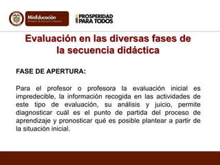 Evaluación en las diversas fases de 
la secuencia didáctica 
FASE DE APERTURA: 
Para el profesor o profesora la evaluación inicial es 
impredecible, la información recogida en las actividades de 
este tipo de evaluación, su análisis y juicio, permite 
diagnosticar cuál es el punto de partida del proceso de 
aprendizaje y pronosticar qué es posible plantear a partir de 
la situación inicial. 
 