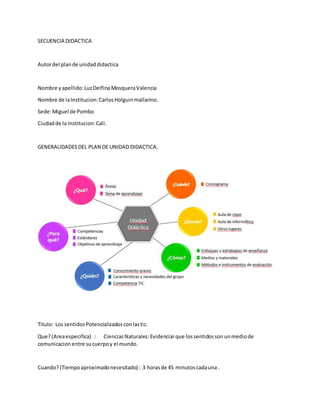 SECUENCIA DIDACTICA
Autordel plande unidaddidactica
Nombre yapellido:LuzDelfina MosqueraValencia
Nombre de laInstitucion:CarlosHolguinmallarino.
Sede:Miguel de Pombo
Ciudadde la Institucion:Cali.
GENERALIDADESDEL PLAN DE UNIDAD DIDACTICA.
Titulo: Los sentidosPotencializadosconlastic.
Que?(Areaespecifica) : Ciencias Naturales:Evidenciarque lossentidosson unmediode
comunicacionentre sucuerpoy el mundo.
Cuando?(Tiempoaproximadonecesitado) : 3 horasde 45 minutoscadauna .
 