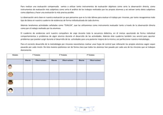 20
Para realizar una evaluación compensada vamos a utilizar tanto instrumentos de evaluación objetivos como sería la observación directa, como
instrumentos de evaluación más subjetivos como sería el análisis de los trabajos realizados por los propios alumnos y así extraer tanto datos subjetivos
como objetivos y hacer una evaluación lo más precisa posible.
La observación será clave en nuestra evaluación ya que pensamos que es la más idónea para evaluar el trabajo por rincones, por tanto recogeremos todo
tipo de datos en nuestro cuaderno de evidencias de forma individualizada de cada alumno.
Además tendremos actividades señaladas como “EVALÚA”, que las utilizaremos como instrumento evaluador tanto a través de la observación directa
como por el trabajo realizado por los alumnos.
El cuaderno de evidencias será nuestro compañero de viaje durante toda la secuencia didáctica, en él iremos apuntando de forma individual
comportamientos o problemas de algún alumno durante el desarrollo de las actividades. Además éste cuaderno también nos servirá para apuntar
problemas que puedan surgir durante el desarrollo de las actividades para una posterior mejora de la misma y así perfeccionar nuestra metodología.
Para el correcto desarrollo de la metodología por rincones necesitamos realizar unas hojas de control que rellenarán los propios alumnos según vayan
pasando por cada rincón. De ésta manera podremos ver de forma clara que todos los alumnos han pasado por cada uno de los rincones que se trabajan
diariamente.
Alumno 1ª Semana 2ª Semana 3ª Semana
Rincón Observaciones Rincón Observaciones Rincón Observaciones
 