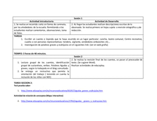 Sesión 1 
Actividad introductoria Actividad de Desarrollo 
1. Se realiza un recorrido corto en forma de caminata, 
por los alrededores de la escuela. Permitiendo a los 
estudiantes realizar comentarios, observaciones, toma 
de fotos. 
2. AL llegar los estudiantes realizan descripciones escritas de lo 
observado. Se realiza primero en hojas sujeta a revisión ortográfica y de 
redacción. 
TAREAS 
1. Escribir un cuento o leyenda que te haya ocurrido en un lugar particular: cancha, teatro comunal, Centro recreativo, 
cuadra o con personas representativas: tendero, vigilante, vendedores ambulantes etc... 
2. Investigación de palabras graves y esdrújulas en el siguientes link: (ver en web grafía) 
TIEMPO: 3 horas de 40 minutos. 
Sesión 2 
1. Lectura grupal de los cuentos, identificación 
grupal de sustantivos, verbos. Palabras Agudas y 
graves, según lo trabajado en el blog consultado. 
2. Se entrega un instructivo que permita la 
orientación del trabajo ( teniendo en cuenta la 
inclusión de los niños con NEE) 
2. Se realiza la revisión final de los cuentos, se pasan al procesador de 
texto. (Se sugiere Word). 
Realizar actividades de educaplay. 
TAREA SECCION 2: 
Test prueba saber 
1. http://www.educaplay.com/es/recursoseducativos/651917/agudas_graves_esdrujulas.htm 
Actividad de relación de conceptos (Mapa interactivo) 
2. http://www.educaplay.com/es/recursoseducativos/17912/agudas__graves_y_esdrujulas.htm 
 
