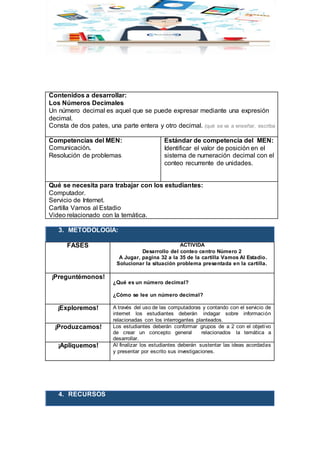 Contenidos a desarrollar:
Los Números Decímales
Un número decimal es aquel que se puede expresar mediante una expresión
decimal.
Consta de dos pates, una parte entera y otro decimal. (qué se va a enseñar, escriba
Competencias del MEN:
Comunicación.
Resolución de problemas.
Estándar de competencia del MEN:
Identificar el valor de posición en el
sistema de numeración decimal con el
conteo recurrente de unidades.
Qué se necesita para trabajar con los estudiantes:
Computador.
Servicio de Internet.
Cartilla Vamos al Estadio
Video relacionado con la temática.
3. METODOLOGÍA:
FASES ACTIVIDA
Desarrollo del conteo centro Número 2
A Jugar, pagina 32 a la 35 de la cartilla Vamos Al Estadio.
Solucionar la situación problema presentada en la cartilla.
¡Preguntémonos!
¿Qué es un número decimal?
¿Cómo se lee un número decimal?
¡Exploremos! A través del uso de las computadoras y contando con el servicio de
internet los estudiantes deberán indagar sobre información
relacionadas con los interrogantes planteados.
¡Produzcamos! Los estudiantes deberán conformar grupos de a 2 con el objetivo
de crear un concepto general relacionados la temática a
desarrollar.
¡Apliquemos! Al finalizar los estudiantes deberán sustentar las ideas acordadas
y presentar por escrito sus investigaciones.
4. RECURSOS
 