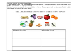 creen que necesitan traer loncheras a la escuela?
¿Cómo sienten su cuerpo si no comen sus lonches o no salen al recreo a comer algún alimento?, ¿tienen algún alimento en su
lonchera que consideren que no sean saludables?
Clasifican los alimentos de sus loncheras en saludables y chatarras. Para complementar la actividad de clasificación también
usarán tarjetas de alimentos y la ficha de trabajo 1.
COLOCA LAS IMÁGENES DE LOS ALIMENTOS SEGÚN SU FUNCIÓN EN NUESTRO ORGANISMO
ALIMENTOS NUTRITIVOS ALIMENTOS CHATARRA
 