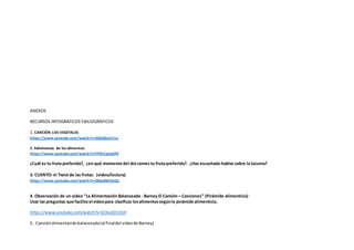 ANEXOS
RECURSOS INFOGRÁFICOSYBILIOGRÁFICOS
1. CANCIÓN LOS VEGETALES
https://www.youtube.com/watch?v=XSbQ0ceV1cs
2. Adivinanzas de los alimentos.
https://www.youtube.com/watch?v=FPZhCp5pOFE
¿Cuál es tu fruta preferida?, ¿en qué momento del día comes tu fruta preferida?. ¿Has escuchado hablar sobre la lúcuma?
3. CUENTO: el Twist de las frutas. (video/lectura)
https://www.youtube.com/watch?v=ZRduBdtOoQs
4. Observación de un video “La Alimentación Balanceada - Barney El Camión – Canciones” (Pirámide alimenticia)
Usar las preguntas que facilita el videopara clasificar losalimentossegúnla pirámide alimenticia.
https://www.youtube.com/watch?v=bOIuGD1s5J4
5. Canciónalimentaciónbalanceada(al finaldel videode Barney)
 