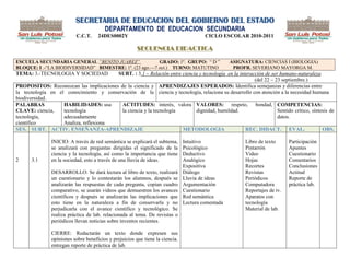 SECRETARIA DE EDUCACION DEL GOBIERNO DEL ESTADO
                                        DEPARTAMENTO DE EDUCACION SECUNDARIA
                           C.C.T.    24DES0002Y                                         CICLO ESCOLAR 2010-2011

                                                        SECUENCIA DIDACTICA

ESCUELA SECUNDARIA GENERAL “BENITO JUAREZ”              GRADO: 1º. GRUPO: ― D ‖                    ASIGNATURA: CIENCIAS I (BIOLOGIA)
BLOQUE: I .-―LA BIODIVERSIDAD‖ BIMESTRE: 1º. (23 ago.—7 oct.) TURNO: MATUTINO                       PROFR. SEVERIANO MAYORGA M.
TEMA: 3.-TECNOLOGIA Y SOCIEDAD          SUBT. : 3.1 – Relación entre ciencia y tecnología en la interacción de ser humano-naturaleza
                                                                                                       (del 22 – 23 septiembre.)
PROPOSITOS: Reconozcan las implicaciones de la ciencia y APRENDIZAJES ESPERADOS: Identifica semejanzas y diferencias entre
la tecnología en el conocimiento y conservación de la ciencia y tecnología, relaciona su desarrollo con atención a la necesidad humana
biodiversidad.
PALABRAS           HABILIDADES: usa       ACTITUDES: interés, valora VALORES: respeto, bondad, COMPETENCIAS:
CLAVE: ciencia,    tecnología             la ciencia y la tecnología       dignidad, humildad.                    Sentido crítico, síntesis de
tecnología,        adecuadamente                                                                                  datos.
científico         Analiza, reflexiona
SES. SUBT. ACTIV. ENSEÑANZA-APRENDIZAJE                              METODOLOGIA                   REC. DIDACT. EVAL.                   OBS.

               INICIO: A través de red semántica se explicará el subtema,      Intuitivo                Libro de texto      Participación
               se analizará con preguntas dirigidas el significado de la       Psicológico              Pintarrón           Apuntes
               ciencia y la tecnología, así como la importancia que tiene      Deductivo                Video               Cuestionario
2     3.1      en la sociedad, esto a través de una lluvia de ideas.           Analógico                Hojas               Comentarios
                                                                               Expositiva               Recortes            Conclusiones
               DESARROLLO: Se dará lectura al libro de texto, realizará        Diálogo                  Revistas            Actitud
               un cuestionario y lo contestarán los alumnos, después se        Lluvia de ideas          Periódicos          Reporte de
               analizarán las respuestas de cada pregunta, copian cuadro       Argumentación            Computadora         práctica lab.
               comparativo, se usarán videos que demuestren los avances        Cuestionario             Reportajes de tv.
               científicos y después se analizarán las implicaciones que       Red semántica            Aparatos con
               esto tiene en la naturaleza a fin de conservarla y no           Lectura comentada        tecnología
               perjudicarla con el avance científico y tecnológico. Se                                  Material de lab.
               realiza práctica de lab. relacionada al tema. De revistas o
               periódicos llevan noticias sobre inventos recientes.

               CIERRE: Redactarán un texto donde expresen sus
               opiniones sobre beneficios y prejuicios que tiene la ciencia.
               entregan reporte de práctica de lab.
 
