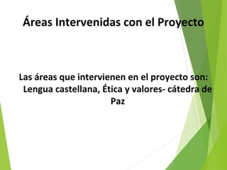 Áreas Intervenidas con el Proyecto
Las áreas que intervienen en el proyecto son:
Lengua castellana, Ética y valores- cátedra de
Paz
 