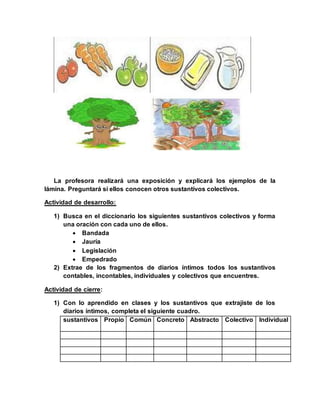 La profesora realizará una exposición y explicará los ejemplos de la
lámina. Preguntará si ellos conocen otros sustantivos colectivos.
Actividad de desarrollo:
1) Busca en el diccionario los siguientes sustantivos colectivos y forma
una oración con cada uno de ellos.
 Bandada
 Jauría
 Legislación
 Empedrado
2) Extrae de los fragmentos de diarios íntimos todos los sustantivos
contables, incontables, individuales y colectivos que encuentres.
Actividad de cierre:
1) Con lo aprendido en clases y los sustantivos que extrajiste de los
diarios íntimos, completa el siguiente cuadro.
sustantivos Propio Común Concreto Abstracto Colectivo Individual
 