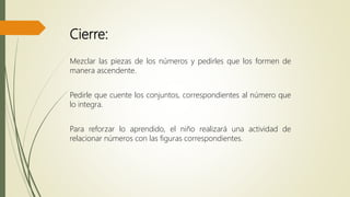 Cierre:
Mezclar las piezas de los números y pedirles que los formen de
manera ascendente.
Pedirle que cuente los conjuntos, correspondientes al número que
lo integra.
Para reforzar lo aprendido, el niño realizará una actividad de
relacionar números con las figuras correspondientes.
 