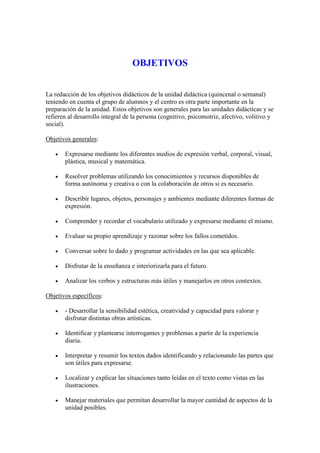 OBJETIVOS


La redacción de los objetivos didácticos de la unidad didáctica (quincenal o semanal)
teniendo en cuenta el grupo de alumnos y el centro es otra parte importante en la
preparación de la unidad. Estos objetivos son generales para las unidades didácticas y se
refieren al desarrollo integral de la persona (cognitivo, psicomotriz, afectivo, volitivo y
social).

Objetivos generales:

      Expresarse mediante los diferentes medios de expresión verbal, corporal, visual,
       plástica, musical y matemática.

      Resolver problemas utilizando los conocimientos y recursos disponibles de
       forma autónoma y creativa o con la colaboración de otros si es necesario.

      Describir lugares, objetos, personajes y ambientes mediante diferentes formas de
       expresión.

      Comprender y recordar el vocabulario utilizado y expresarse mediante el mismo.

      Evaluar su propio aprendizaje y razonar sobre los fallos cometidos.

      Conversar sobre lo dado y programar actividades en las que sea aplicable.

      Disfrutar de la enseñanza e interiorizarla para el futuro.

      Analizar los verbos y estructuras más útiles y manejarlos en otros contextos.

Objetivos específicos:

      - Desarrollar la sensibilidad estética, creatividad y capacidad para valorar y
       disfrutar distintas obras artísticas.

      Identificar y plantearse interrogantes y problemas a partir de la experiencia
       diaria.

      Interpretar y resumir los textos dados identificando y relacionando las partes que
       son útiles para expresarse.

      Localizar y explicar las situaciones tanto leídas en el texto como vistas en las
       ilustraciones.

      Manejar materiales que permitan desarrollar la mayor cantidad de aspectos de la
       unidad posibles.
 