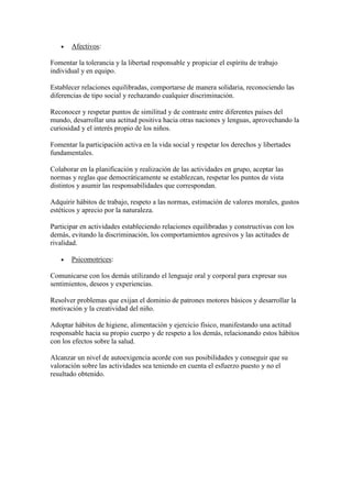    Afectivos:

Fomentar la tolerancia y la libertad responsable y propiciar el espíritu de trabajo
individual y en equipo.

Establecer relaciones equilibradas, comportarse de manera solidaria, reconociendo las
diferencias de tipo social y rechazando cualquier discriminación.

Reconocer y respetar puntos de similitud y de contraste entre diferentes países del
mundo, desarrollar una actitud positiva hacia otras naciones y lenguas, aprovechando la
curiosidad y el interés propio de los niños.

Fomentar la participación activa en la vida social y respetar los derechos y libertades
fundamentales.

Colaborar en la planificación y realización de las actividades en grupo, aceptar las
normas y reglas que democráticamente se establezcan, respetar los puntos de vista
distintos y asumir las responsabilidades que correspondan.

Adquirir hábitos de trabajo, respeto a las normas, estimación de valores morales, gustos
estéticos y aprecio por la naturaleza.

Participar en actividades estableciendo relaciones equilibradas y constructivas con los
demás, evitando la discriminación, los comportamientos agresivos y las actitudes de
rivalidad.

      Psicomotrices:

Comunicarse con los demás utilizando el lenguaje oral y corporal para expresar sus
sentimientos, deseos y experiencias.

Resolver problemas que exijan el dominio de patrones motores básicos y desarrollar la
motivación y la creatividad del niño.

Adoptar hábitos de higiene, alimentación y ejercicio físico, manifestando una actitud
responsable hacia su propio cuerpo y de respeto a los demás, relacionando estos hábitos
con los efectos sobre la salud.

Alcanzar un nivel de autoexigencia acorde con sus posibilidades y conseguir que su
valoración sobre las actividades sea teniendo en cuenta el esfuerzo puesto y no el
resultado obtenido.
 