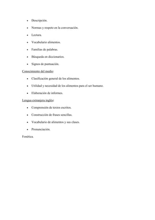    Descripción.

      Normas y respeto en la conversación.

      Lectura.

      Vocabulario alimentos.

      Familias de palabras.

      Búsqueda en diccionarios.

      Signos de puntuación.

Conocimiento del medio:

      Clasificación general de los alimentos.

      Utilidad y necesidad de los alimentos para el ser humano.

      Elaboración de informes.

Lengua extranjera inglés:

      Comprensión de textos escritos.

      Construcción de frases sencillas.

      Vocabulario de alimentos y sus clases.

      Pronunciación.

Fonética.
 