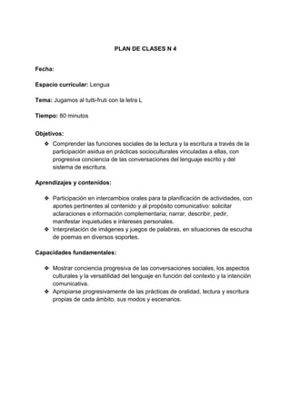 PLAN DE CLASES N 4
Fecha:
Espacio curricular: Lengua
Tema: Jugamos al tutti-fruti con la letra L
Tiempo: 80 minutos
Objetivos:
❖ Comprender las funciones sociales de la lectura y la escritura a través de la
participación asidua en prácticas socioculturales vinculadas a ellas, con
progresiva conciencia de las conversaciones del lenguaje escrito y del
sistema de escritura.
Aprendizajes y contenidos:
❖ Participación en intercambios orales para la planificación de actividades, con
aportes pertinentes al contenido y al propósito comunicativo: solicitar
aclaraciones e información complementaria; narrar, describir, pedir,
manifestar inquietudes e intereses personales.
❖ Interpretación de imágenes y juegos de palabras, en situaciones de escucha
de poemas en diversos soportes.
Capacidades fundamentales:
❖ Mostrar conciencia progresiva de las conversaciones sociales, los aspectos
culturales y la versatilidad del lenguaje en función del contexto y la intención
comunicativa.
❖ Apropiarse progresivamente de las prácticas de oralidad, lectura y escritura
propias de cada ámbito, sus modos y escenarios.
 